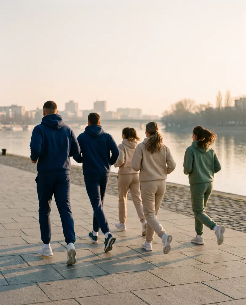 Fünf Läufer:innen in unbedruckten Hoodies bei Morgenlicht