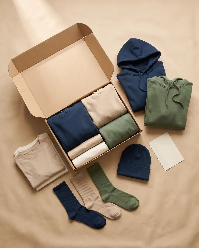 Geöffneter Versandkarton mit gefalteten Hoodies, Shirts und Socken