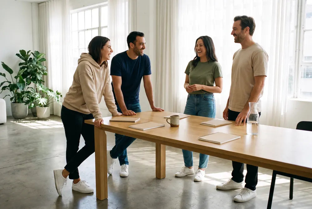 Kleines Team in einem hellen Studio, alle in schlichten Shirts